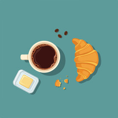 A top-down shot showcases a breakfast spread of coffee, a croissant, coffee beans, and butter on a teal background.