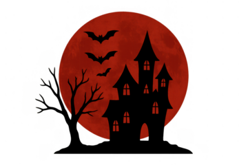 Halloween haunted house silhouette with bats flying over a spooky bare tree against a full red moon backdrop