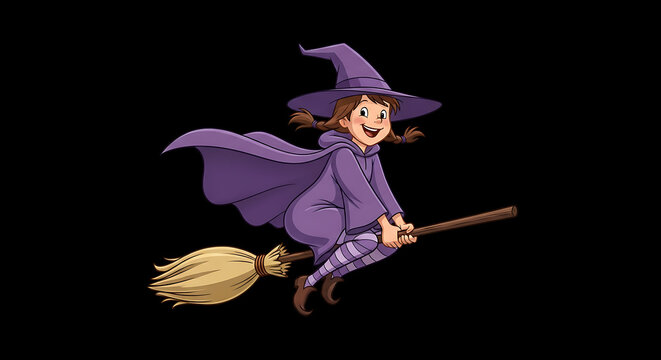 Cheerful cartoon witch in a purple cloak flies on a broom against a dark black background with a grin