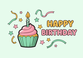 A festive cupcake with a lit candle and colorful decorations celebrating a birthday.