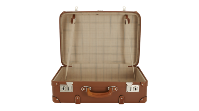 Classic leather suitcase wide open showcasing its clean interior, ready for sophisticated travel adventures and premium luggage product presentations