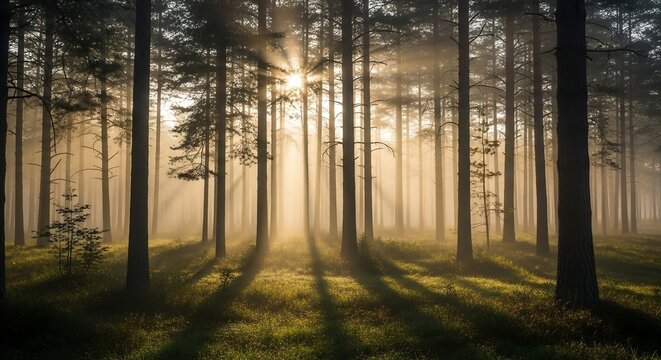 Warm sunlight filters through tall pine trees on a misty morning, creating a peaceful and serene forest atmosphere.