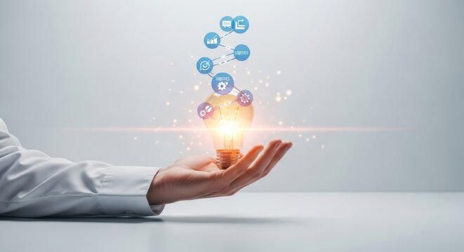 Illuminated lightbulb in palm represents innovative solutions for logistics delivery supply chain and global network connection progress idea