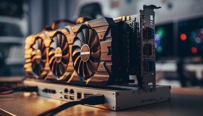 Realistic close-up photo of a high-end graphics card (GPU) installed in a VGA dock