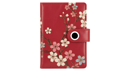 Elegant red organizer with delicate cherry blossom design, perfect for scheduling and personal planning, offering a touch of floral grace and organization