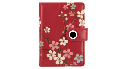 Elegant red organizer with delicate cherry blossom design, perfect for scheduling and personal planning, offering a touch of floral grace and organization