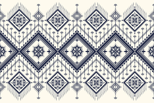 Seamless ethnic geometric border pattern in navy blue and white. Inspired by traditional Asian motifs, perfect for Middle Eastern textiles, Japanese minimal design, and modern fashion prints.