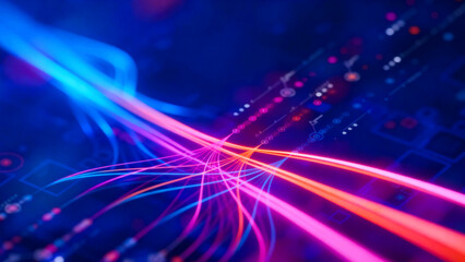 Abstract glowing neon light trails flowing through dark space with bokeh light particles