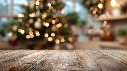 blank wooden table with blurred Christmas tree background