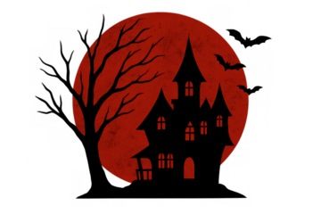 Haunted house silhouette with spooky bats flying against a full red blood moon and bare tree branches