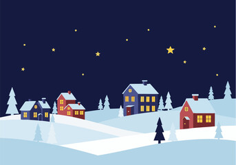 A serene illustration of a snowy village scene under a starry night sky, with illuminated houses.