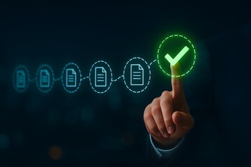 Document approval workflow with compliance check and verified completion symbol