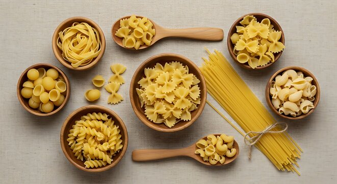 An assortment of uncooked pasta types displayed in wooden bowls and spoons on a light background