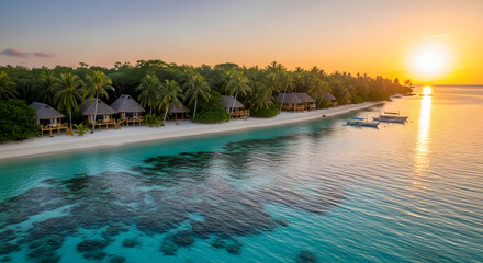 Beautiful eco-friendly beach landscape at sunset with untouched nature, clear water, and golden sky showing harmony between tourism and the environment