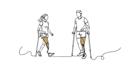 Minimalist line art illustration of two active individuals with prosthetic legs using crutches, dressed in casual sportswear. Ideal for adaptive sports campaigns, disability awareness visuals.