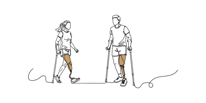 Minimalist line art illustration of two active individuals with prosthetic legs using crutches, dressed in casual sportswear. Ideal for adaptive sports campaigns, disability awareness visuals.