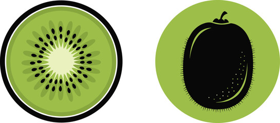 Kiwi Fruit Illustration – Cross-Section and Whole Silhouette with Green Background