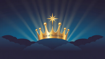 Golden royal crown with starburst light rays emanating from behind on a dark blue background
