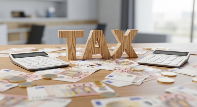 Tax time concept illustrating financial planning with wooden letters calculators coins and euro currency banknotes on a desk