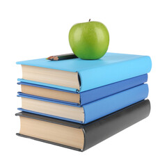 Stack of textbooks topped with a fresh green apple and drawing pencils