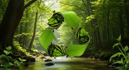 Emerald forest cradles a leaf-made recycling symbol hovering above a serene, sunlit stream in view..
