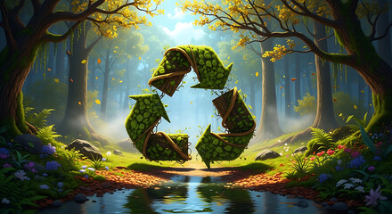 Sunlit forest glade with a green recycling symbol woven from leaves, reflecting on water. by  stream