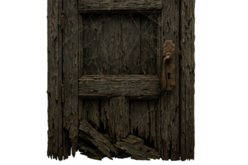 Abandoned old wooden door presenting decay and wear with a rusty handle and keyhole, transparent background