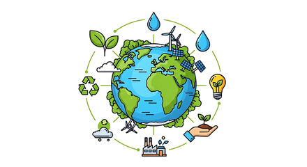 Ecofriendly globe scene showing Earth with trees, water drops, wind, solar, recycling, and teamwork