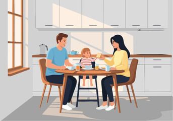 A family of three, a father, mother and child, are sitting at a kitchen table eating breakfast together in a bright, modern kitchen.
