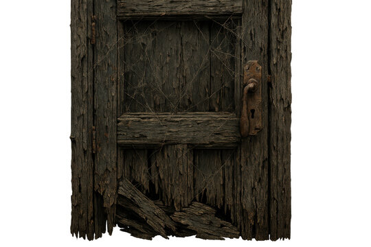Abandoned old wooden door presenting decay and wear with a rusty handle and keyhole, transparent background