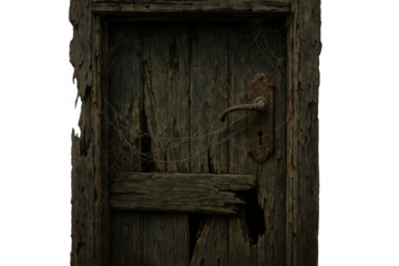 Old wooden door decaying with peeling paint and rusty handle, featuring spiderwebs and broken planks on transparent background