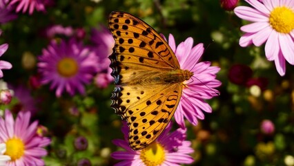 butterfly on flower, Comma asian Butterfly Perched on Vibrant Purple Blossoms, argynnis hyperbius