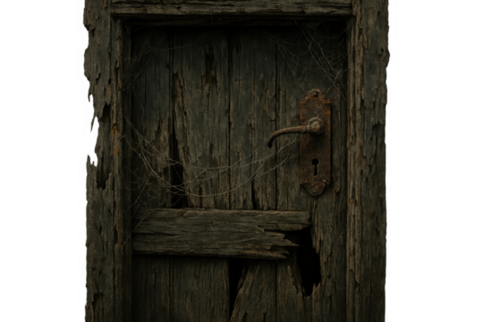 Old wooden door decaying with peeling paint and rusty handle, featuring spiderwebs and broken planks on transparent background