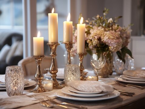 Elegant Dining Table Decorated with Candles and Floral Arrangements for a Cozy Evening Gathering - Powered by Adobe