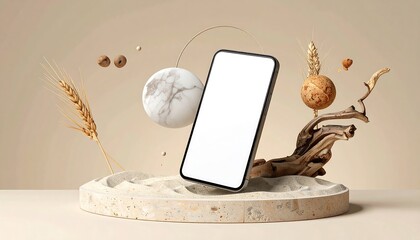 Smartphone mockup on a natural podium with abstract elements.