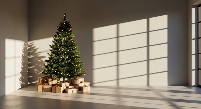 Festive Christmas tree decorated with golden lights and gift boxes in sunlit minimalist room for seasonal holiday celebration