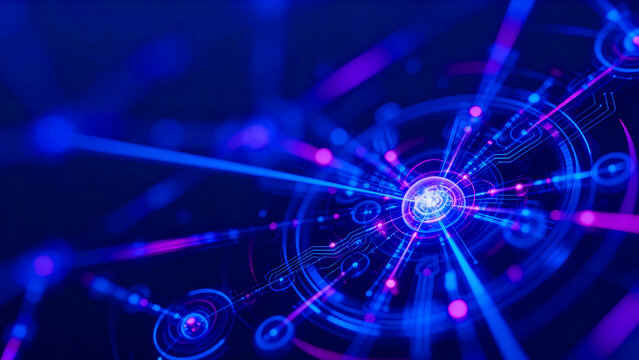 Abstract glowing neon network of interconnected nodes and light beams in deep blue and purple hues