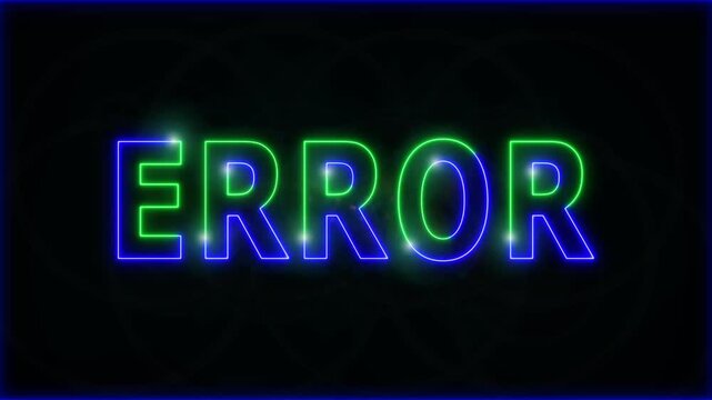 Neon Error text stroke light effect animation on black background, 4k video.