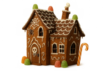Gingerbread house decorated for halloween with spider webs, skull door, and candy, isolated with transparent background