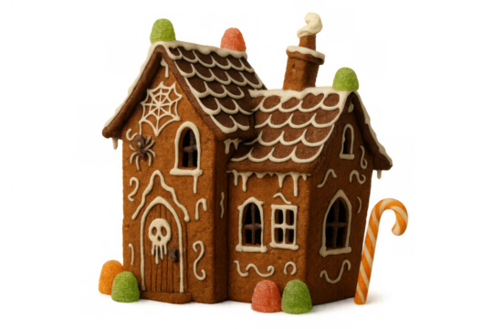 Gingerbread house decorated for halloween with spider webs, skull door, and candy, isolated with transparent background