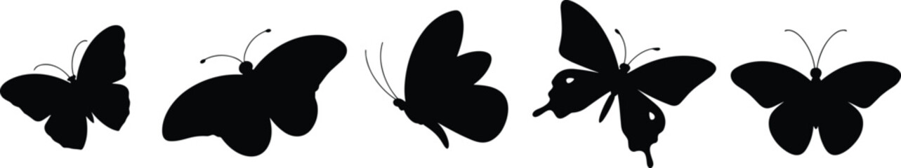 Silhouettes of five butterflies with distinct wing shapes and antennae for nature, entomology, design, and illustration use