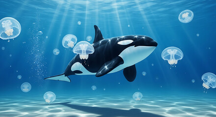 Underwater scene with orcas gliding among translucent jellyfish beneath sunlit blue waters peaceful