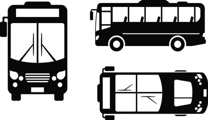 Vehicle Silhouette Set – Bus and Car Views in Black and White from Front, Side, and Top