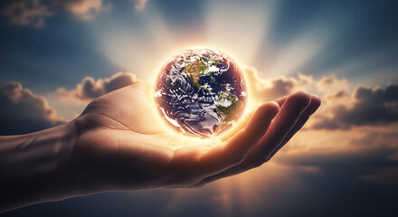Cupped hands cradle a glowing Earth as sunlit clouds radiate behind a hopeful, shared horizon, unity