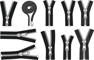 Zipper Design Collection – 10 Black and White Styles Including Coiled and Open Variants © Sopon Creatives