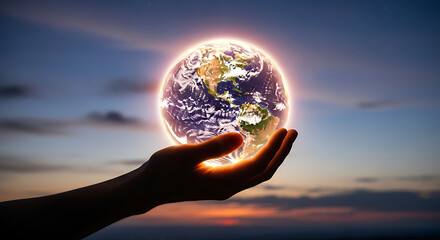 A glowing Earth rests in a cupped hand against a sunset sky, haloed with warm light, hopeful for us
