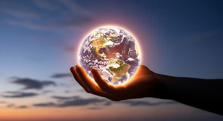 A glowing Earth orb cradled by a silhouetted hand against a twilight sky with stars above horizon!!!