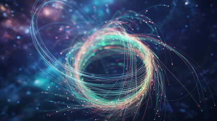 Abstract depiction of a cosmic black hole with swirling nebula and starlight in deep space