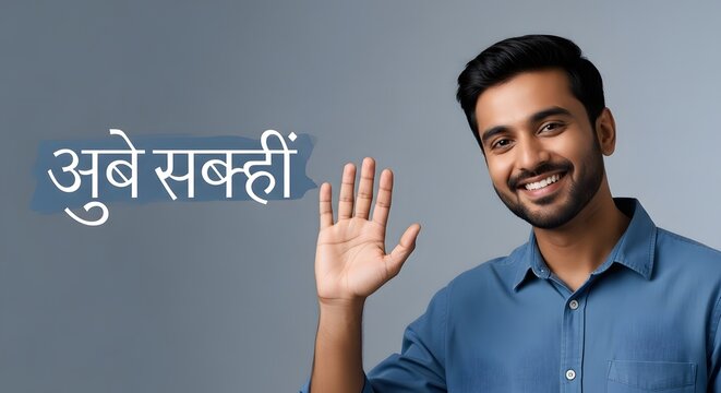 A smiling young man with a friendly expression waving his hand in greeting against a plain background with a message in a different language