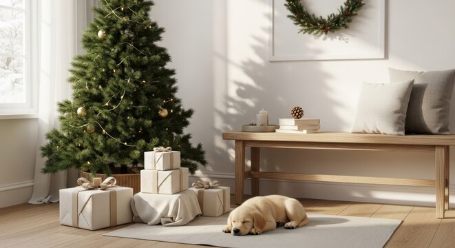 Cozy holiday scene shows golden retriever puppy sleeping near christmas tree gifts wreath and wooden bench in bright minimalist living room - Powered by Adobe
